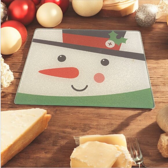CUTTING BOARD -- Glass, Small, Charcuterie, Snowman, Christmas, Kitchen Decor - Picture 1 of 3